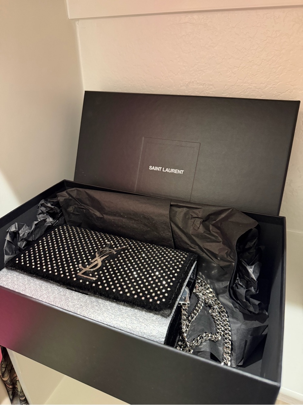 New! Saint Laurent Black Velvet
Crossbody Bag with Crystal Accents - Picture 5 of 15